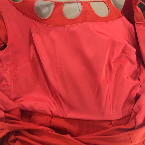 Elie Tahari Orange Midi Knee Length Fit Flare Pockets Belted Cotton Dress Size 6 - Picture 12 of 16